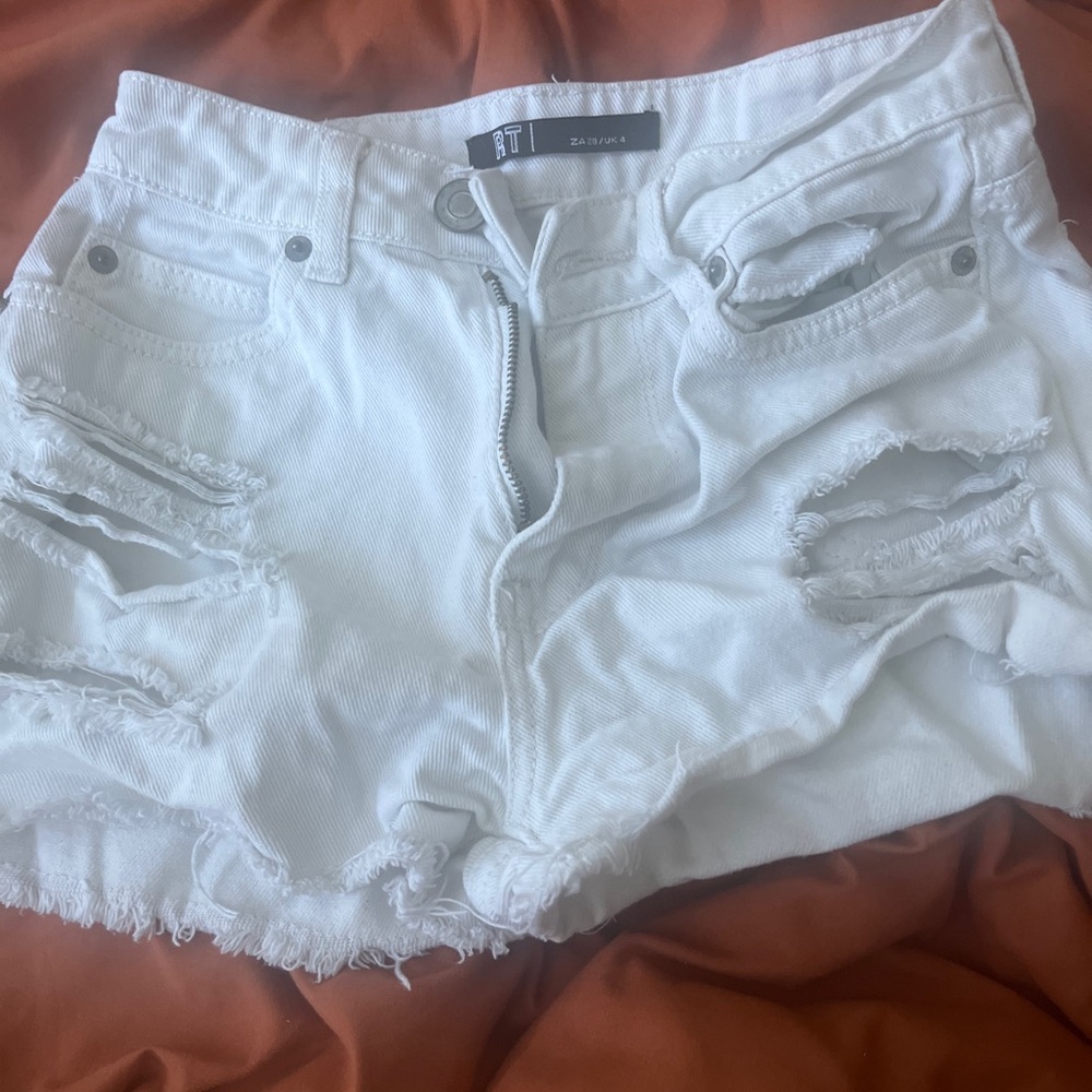 RT White Ripped Denim Shorts